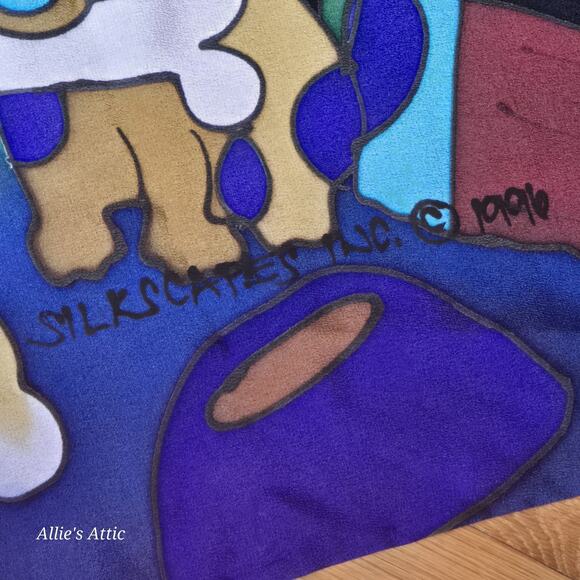 Silkscapes Vintage 90s Hand Painted Scarf Vibrant Rainbow Dogs Lover 100% Silk - Picture 5 of 7